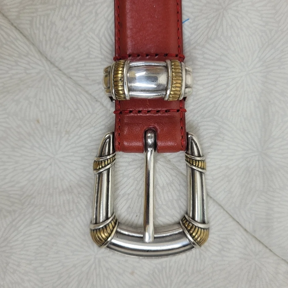 Fossil Thin Red Leather Belt with mixed metal buckle silver and gold colorful L